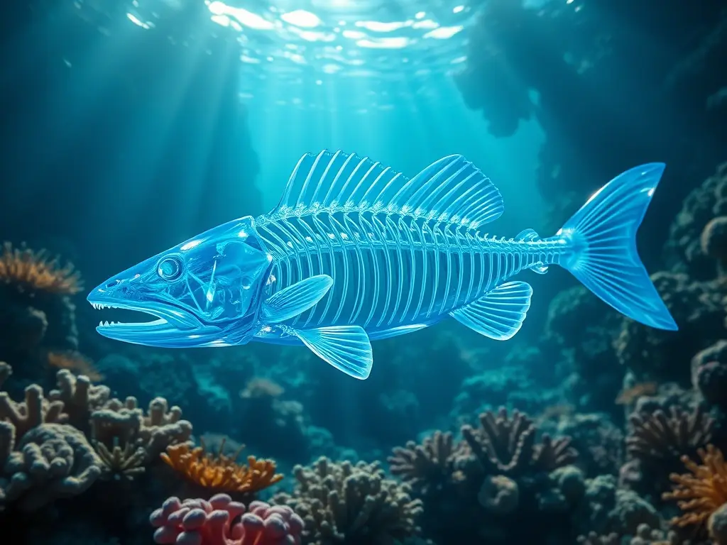 Una resplandeciente escultura de pez snook de ocho mil resolución, en azul translúcidos, muestra su esqueleto