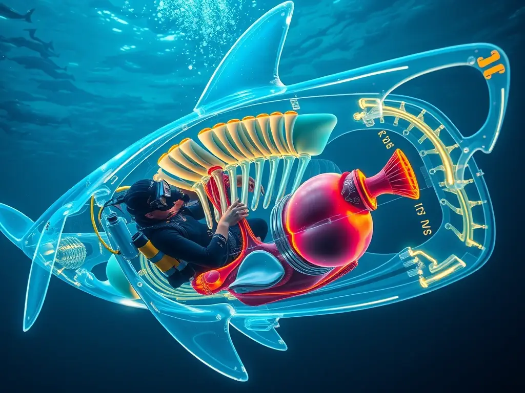 Un diver explora el interior transparente de un tiburón bioluminescente