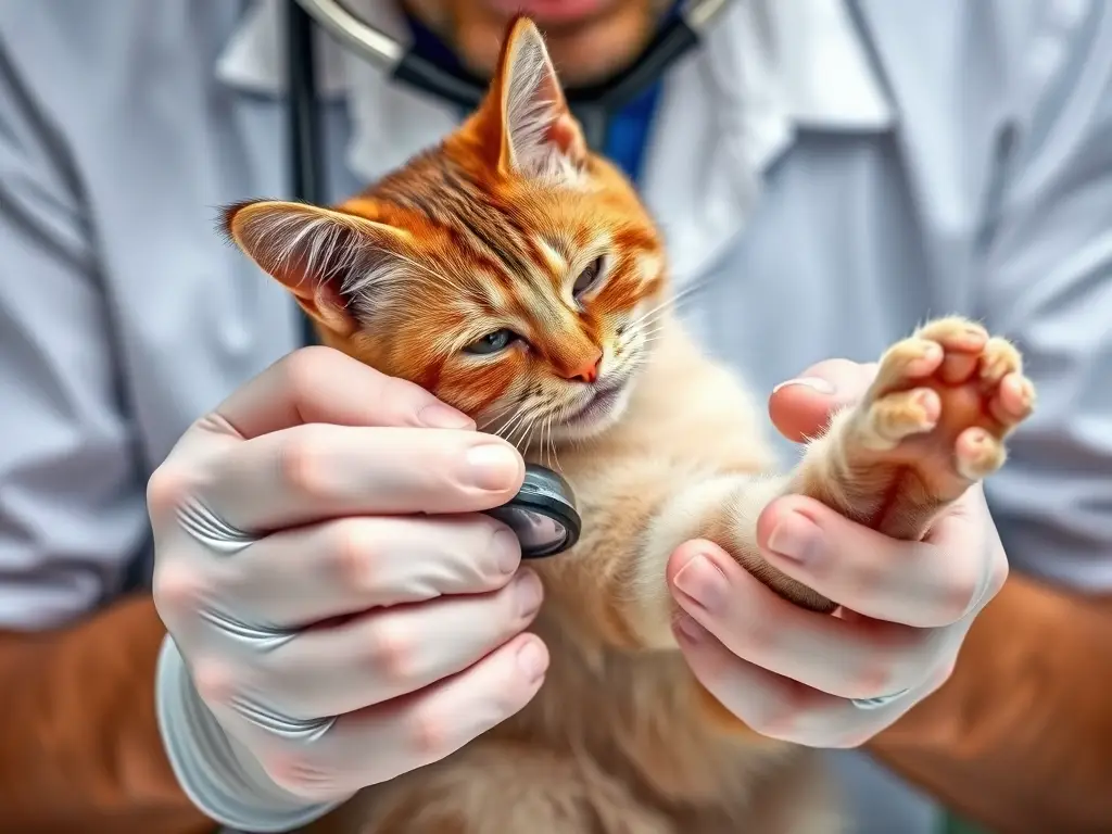 Veterinario con atención meticulosa a la pata de un gato