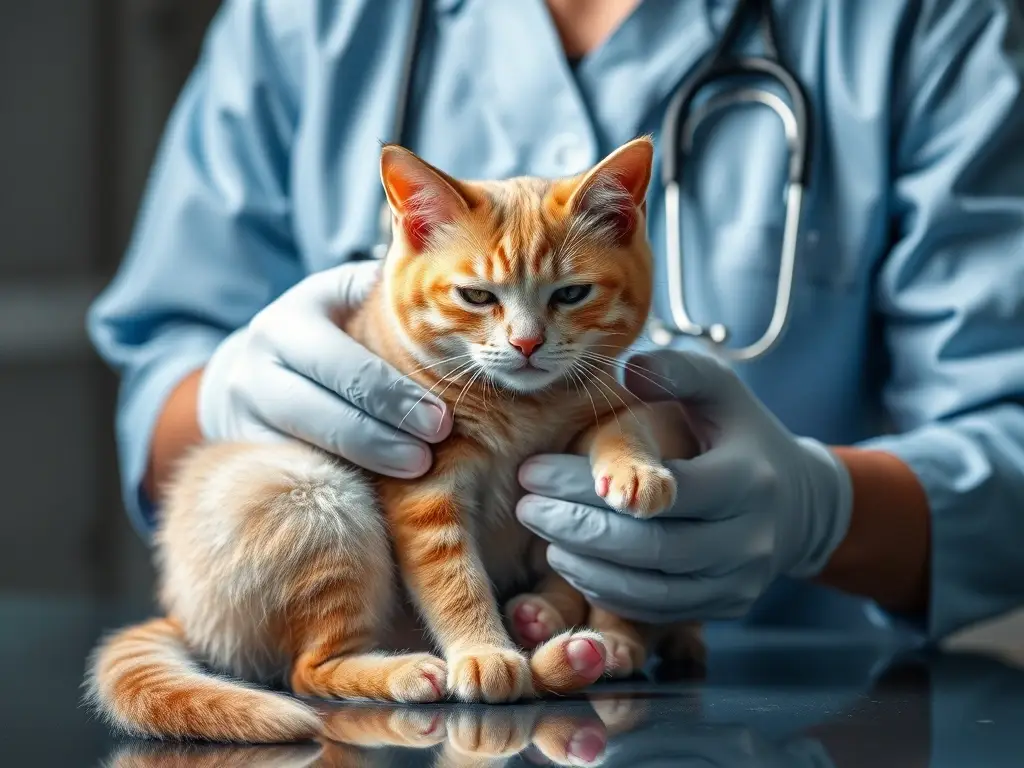 Fotorealistic imagen de un veterinario examinando a una gata gestante con un kitten juguetón