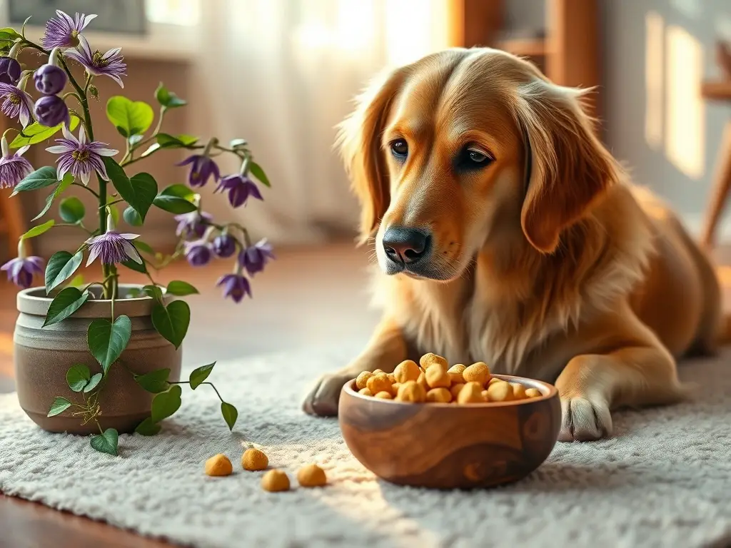 Perro tranquilo observa tazón con flores