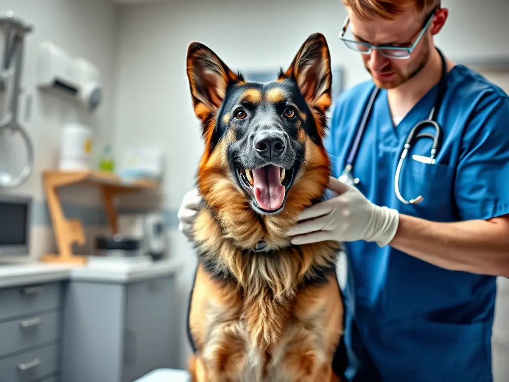 Un retrato fotográficorealistic de un veterinario examinando a un pastor alemán feliz en una clínica