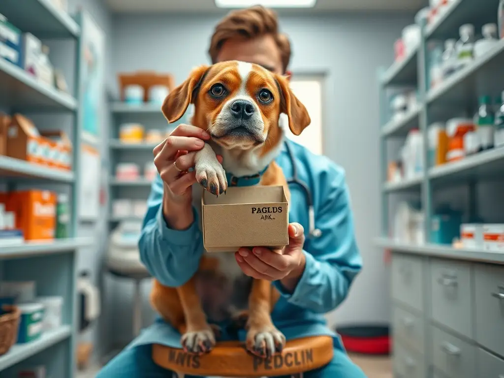 Foto realista de un veterinario con caja de pastillas para perro