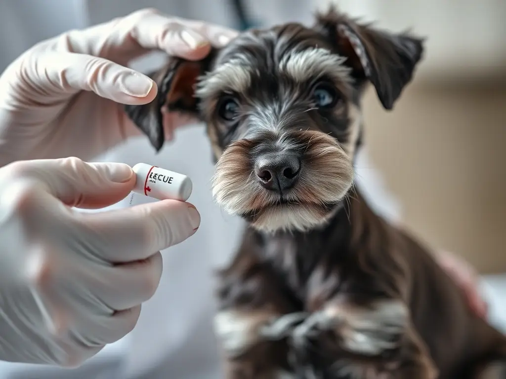 Fotografía realista de un veterinario administrando comprimidos de carbón activo a un cachorro Schnauzer