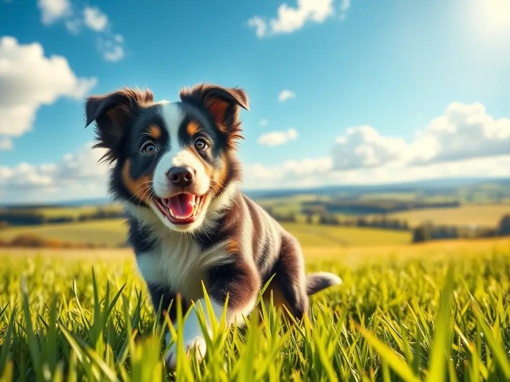 Un cachorro de pastor collie juguetón en un prado exuberante