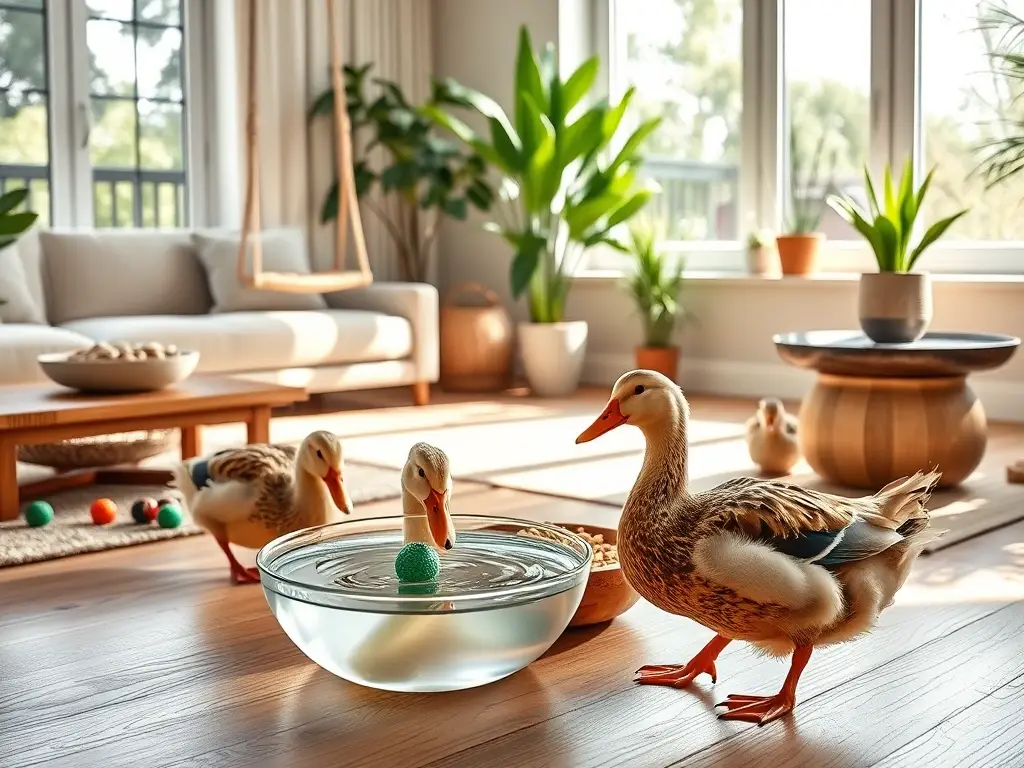 Patos felices en luminosa sala moderna