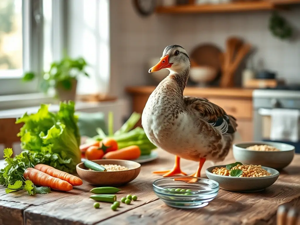 Pato en mesa con verduras y luz