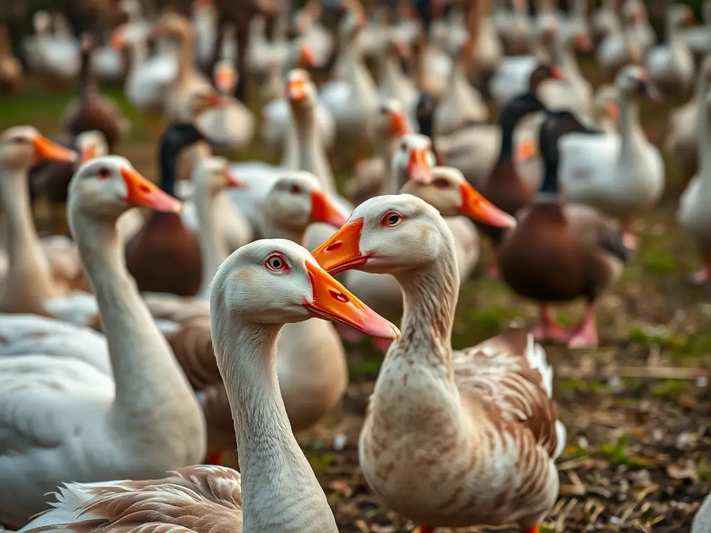 Fotografía artística realista, de granja de aves acuáticas, con dos especies y características específicas