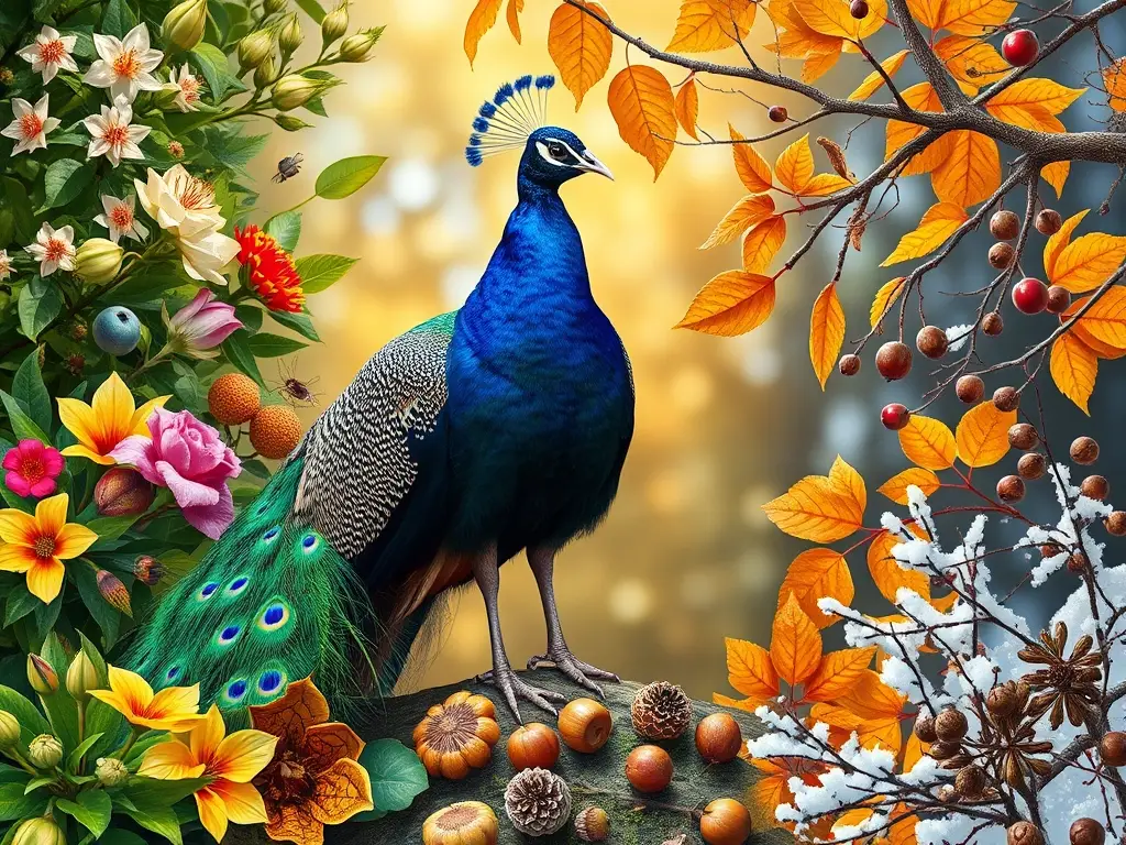 Pavo real hiperrealista en cuatro estaciones