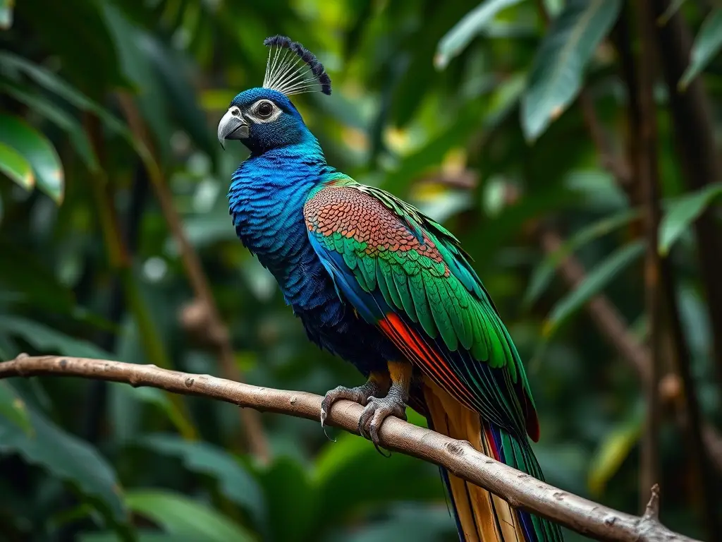 Un retrato realista de un pavo real en un bosque tropical