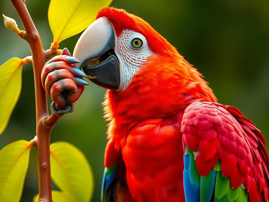Fotorealista de un macaw alimentándose con foco en detalles