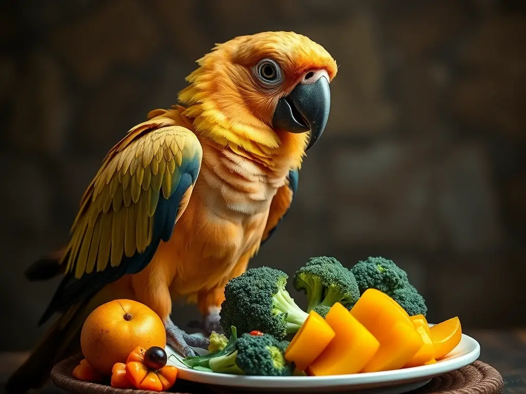 Fotorealistic cover de un artículo sobre la dieta de un pavo real