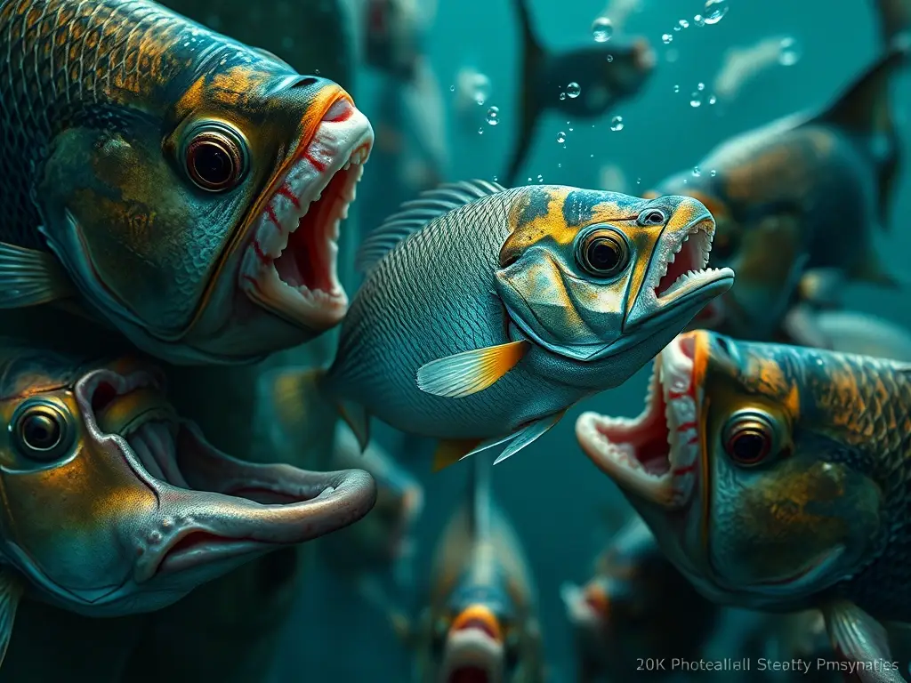 Imagen fotorealista de peces depredadores atacando y consumiendo a un pez pequeño