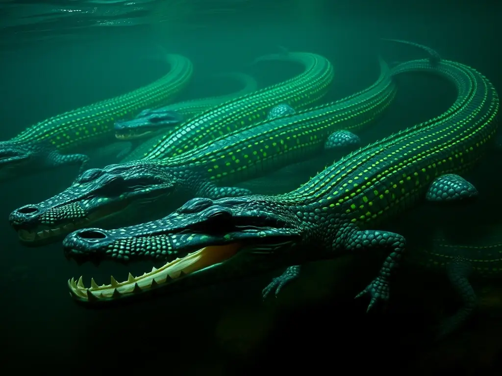 Imagen realista de caiman bioluminescentes cazando en un río bajo