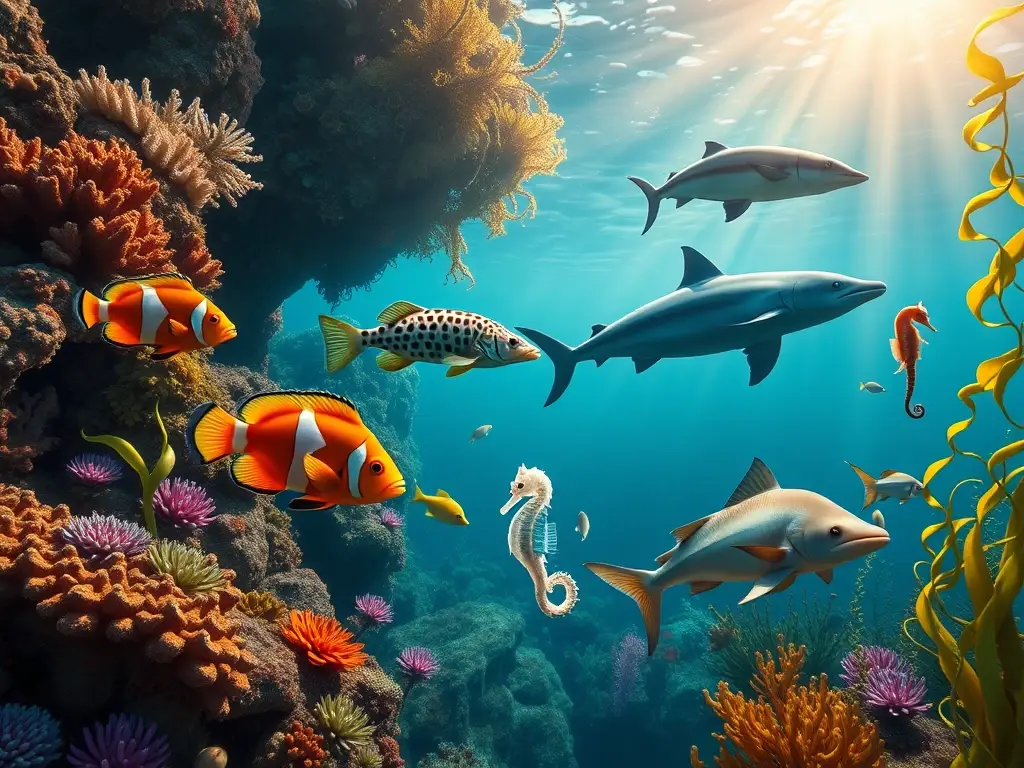 Escena submarina fotorrealista de peces amenazados