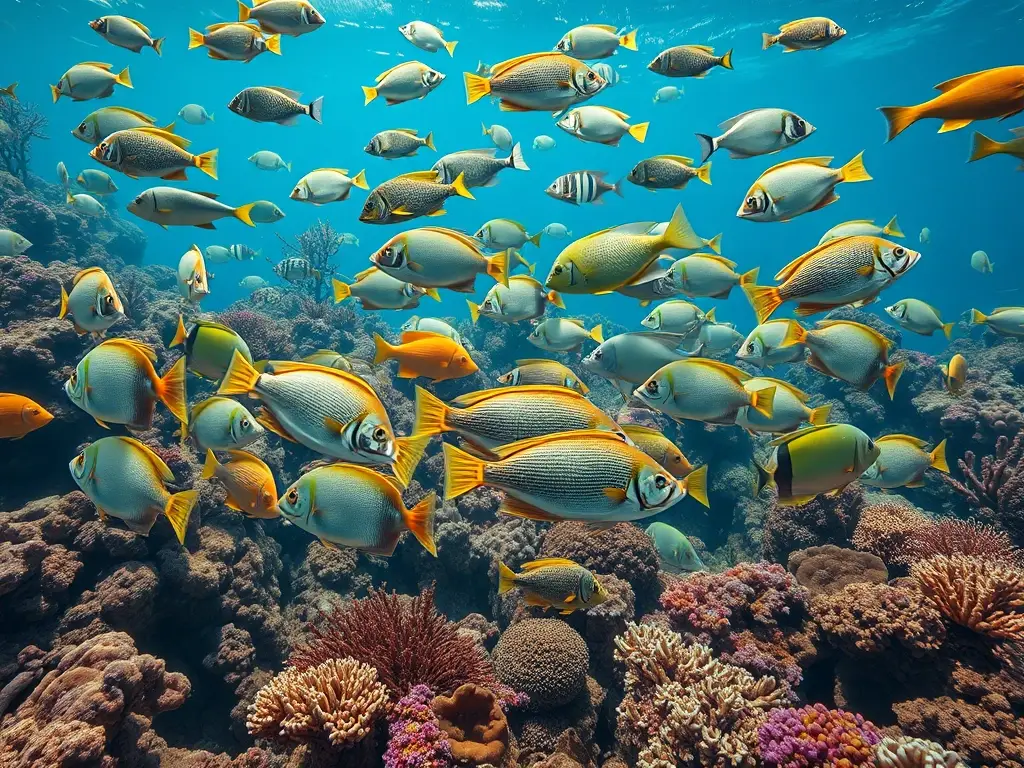 Tapiz de peces amenazados en coral vibrante