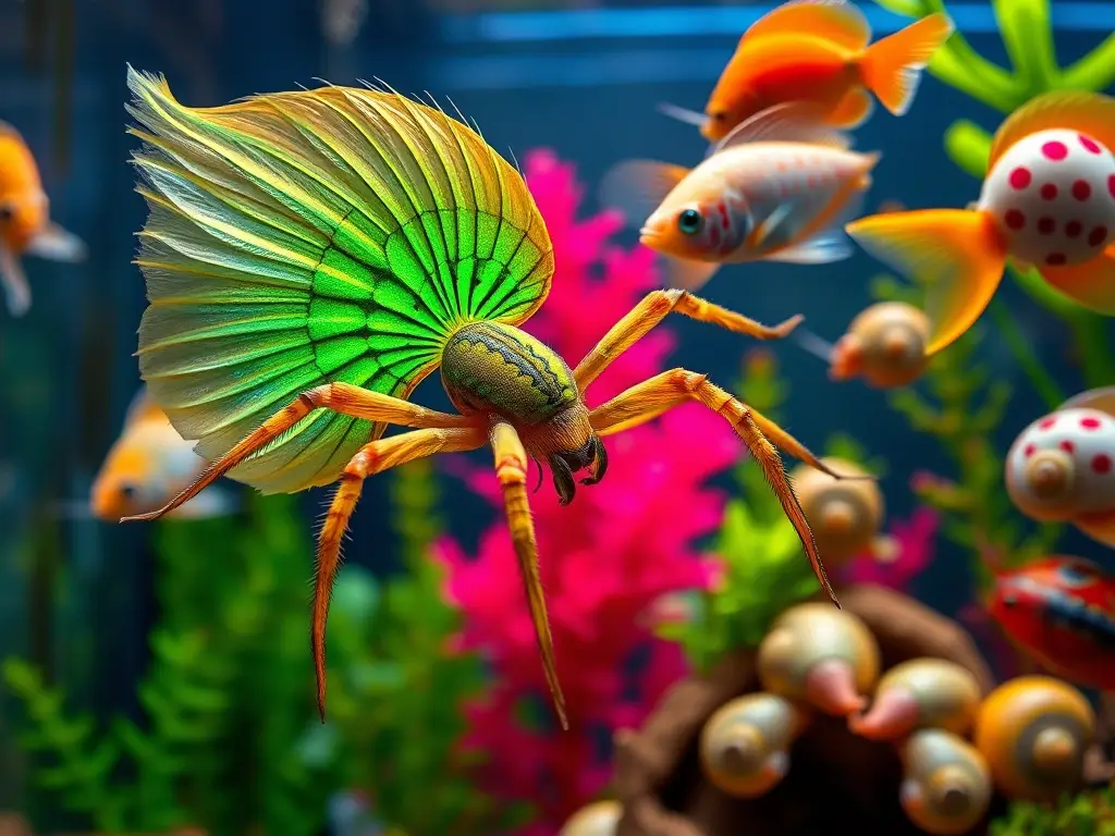 Un acuario con peces notables y una araña esbelta