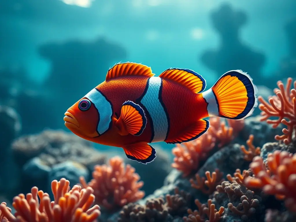 Una fotografía realista de un pez payaso carmesí camuflado en coral a escala 8k