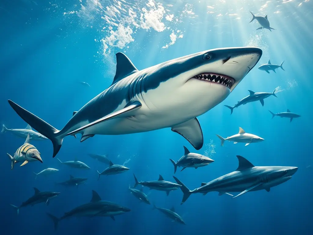 Tiburón blanco colosal rodeado de gigantes marinos