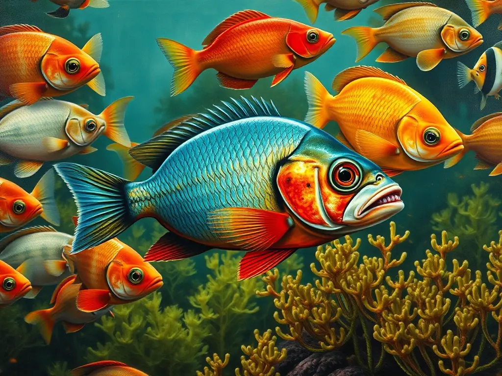 Un paisaje de peces realistas con algas como tema