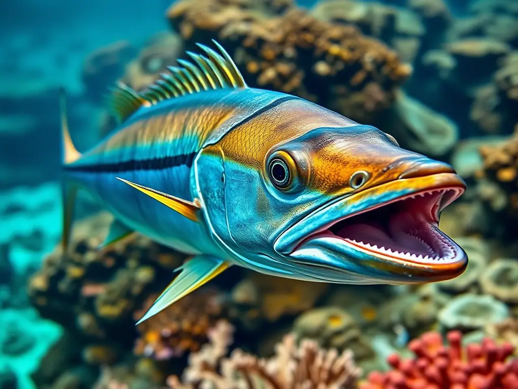 Foto real de barracuda, 8k, con agua y coral