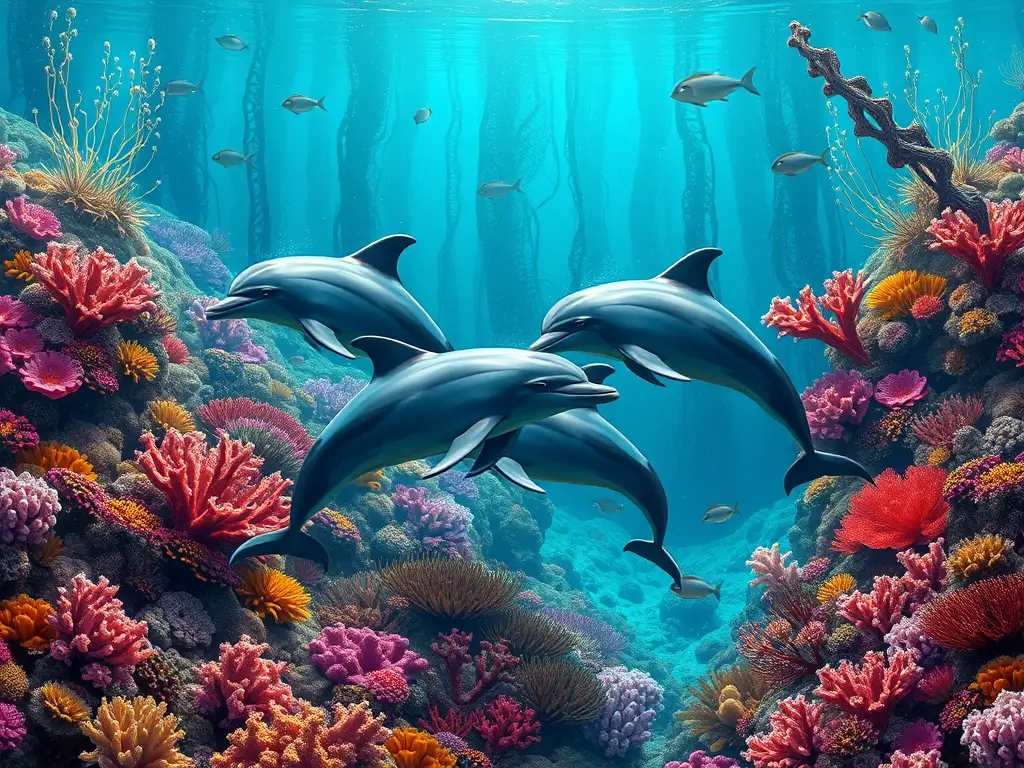 El óleo de un ecosistema de delfines y corales vibrantes
