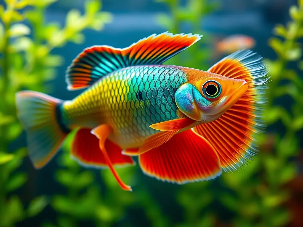 Fotorealistic retrato de guppy con detalles en un acuario
