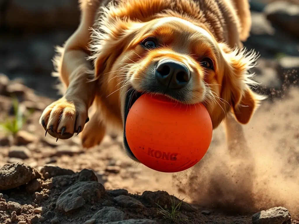 Golden retriever salta con pelota naranja
