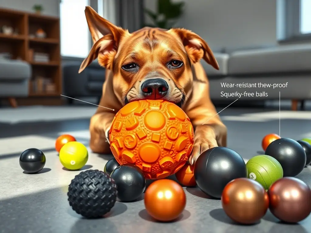 Escena realista: perro mastica pelota indestructible