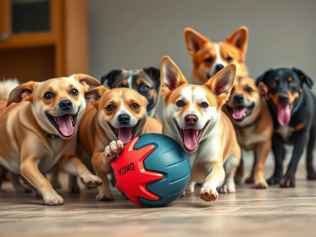 Imagen realista y fascinante de perros jugando con un Kong Extreme Ball
