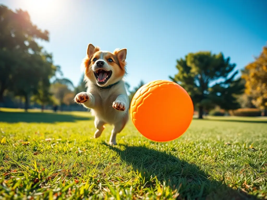 Portada fotorealista: perro atrapa pelota naranja