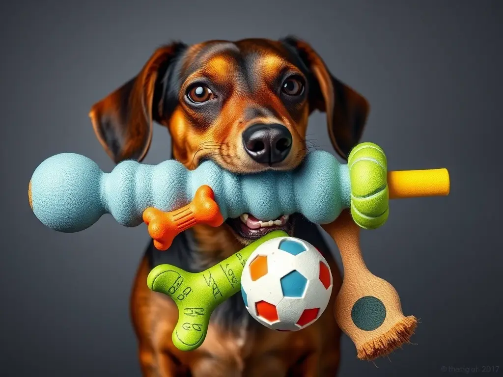 Fotorealistic imagen de un dachshund con los juguetes destructibles mostrados