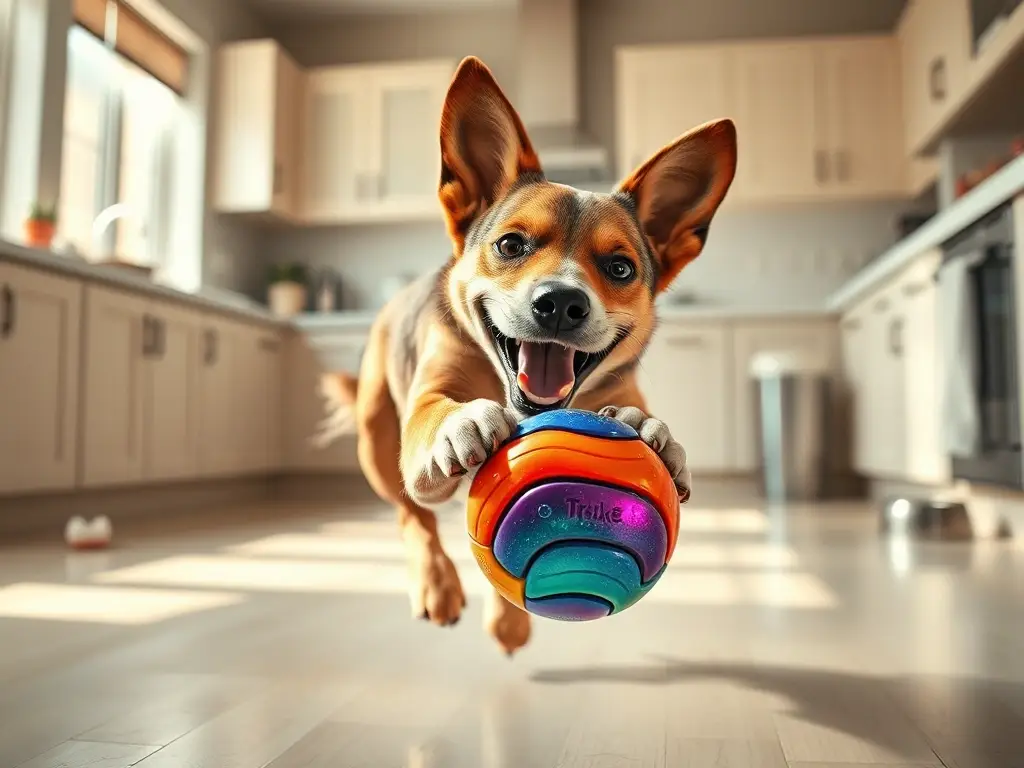 Perro feliz brinca con pelota dental brillante