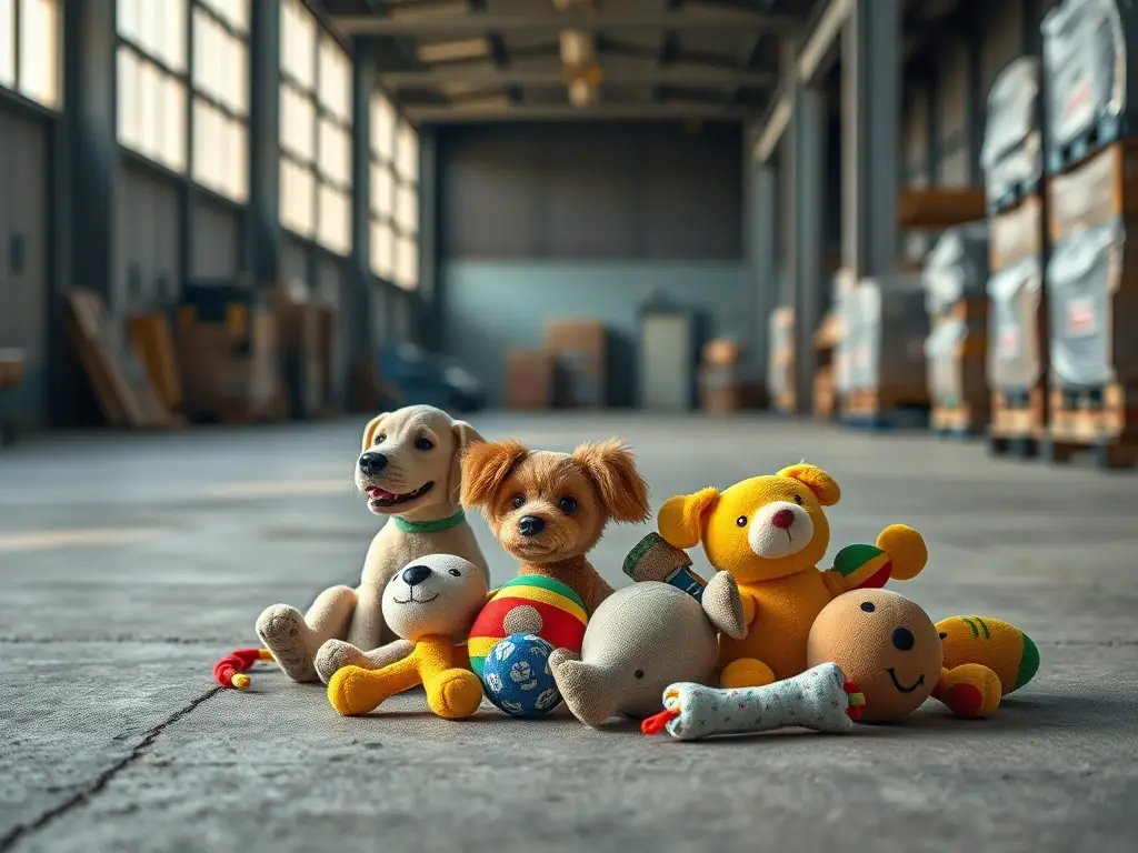 Foto de juguetes de mascota realistas en un almacén oscuro