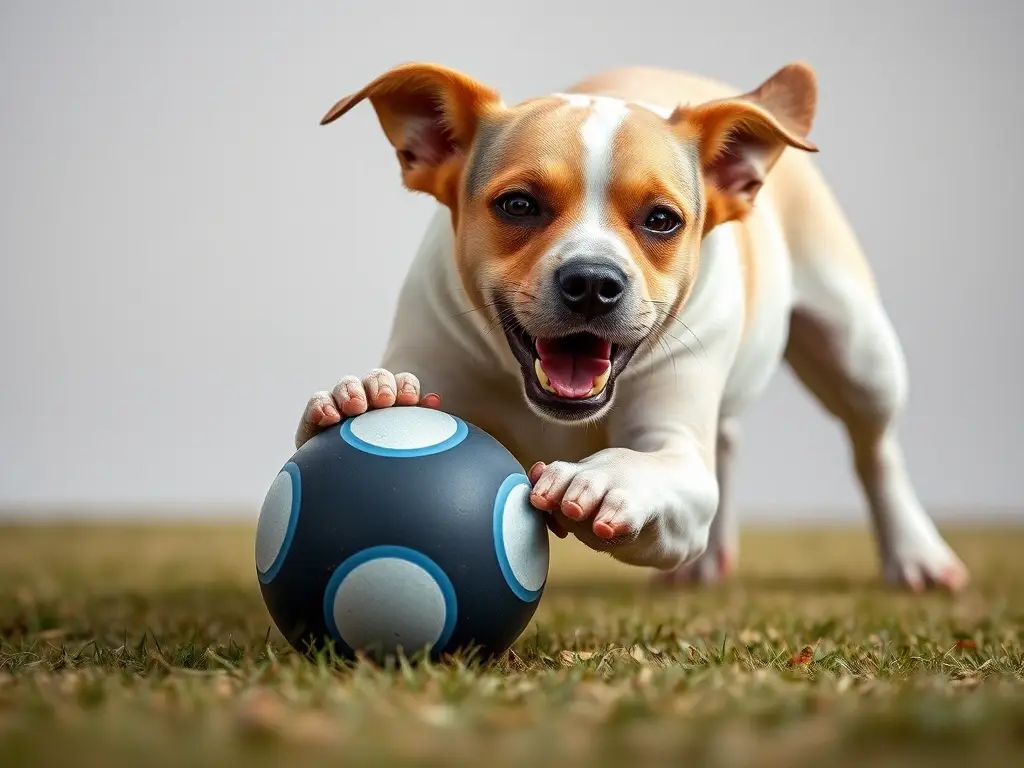 Fotografía realista de un perro jugando con un balón ultra, sin distorsiones