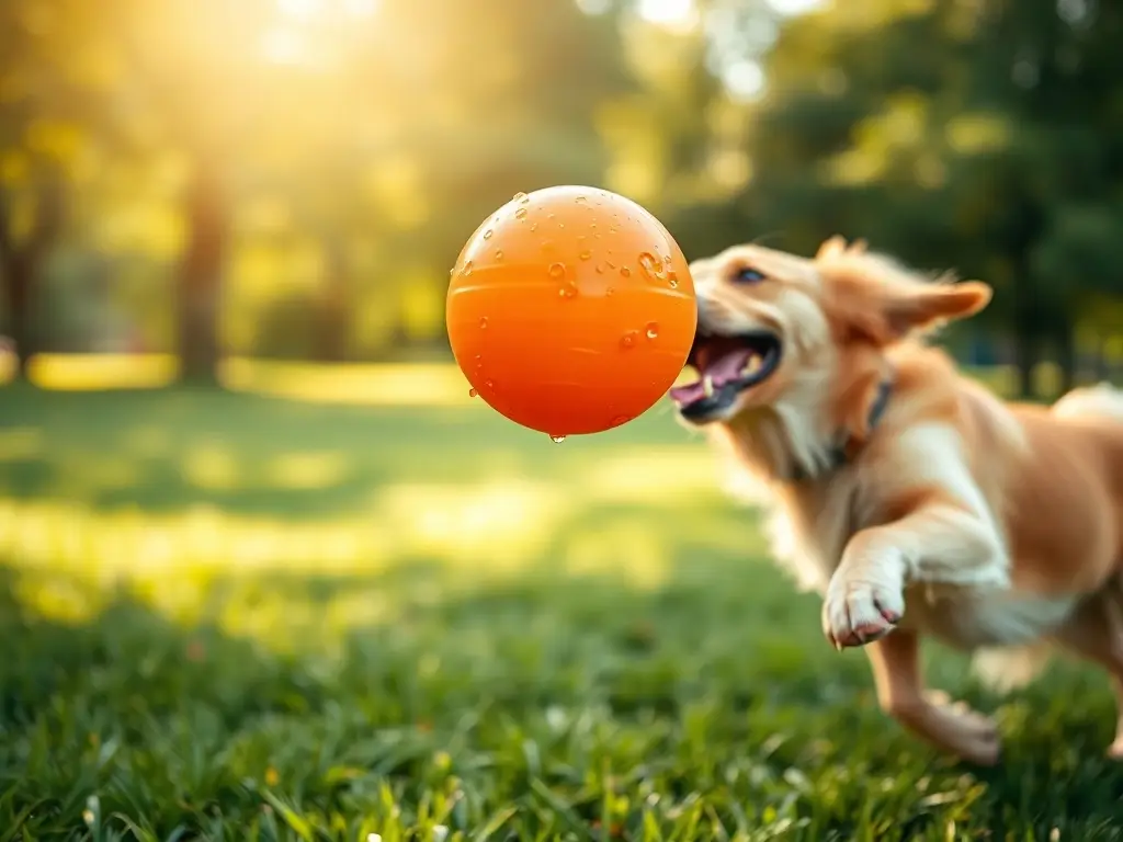Perro atrapa pelota naranja brillante en parque