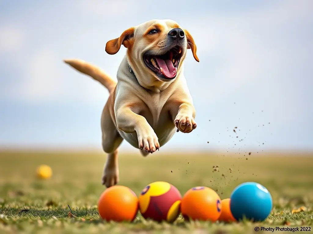 Foto realista de un labrador jugando con una pelota indestructible