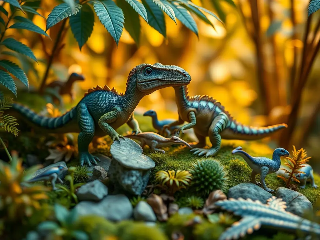 Diorama hiperrealista de diminutos dinosaurios herbívoros