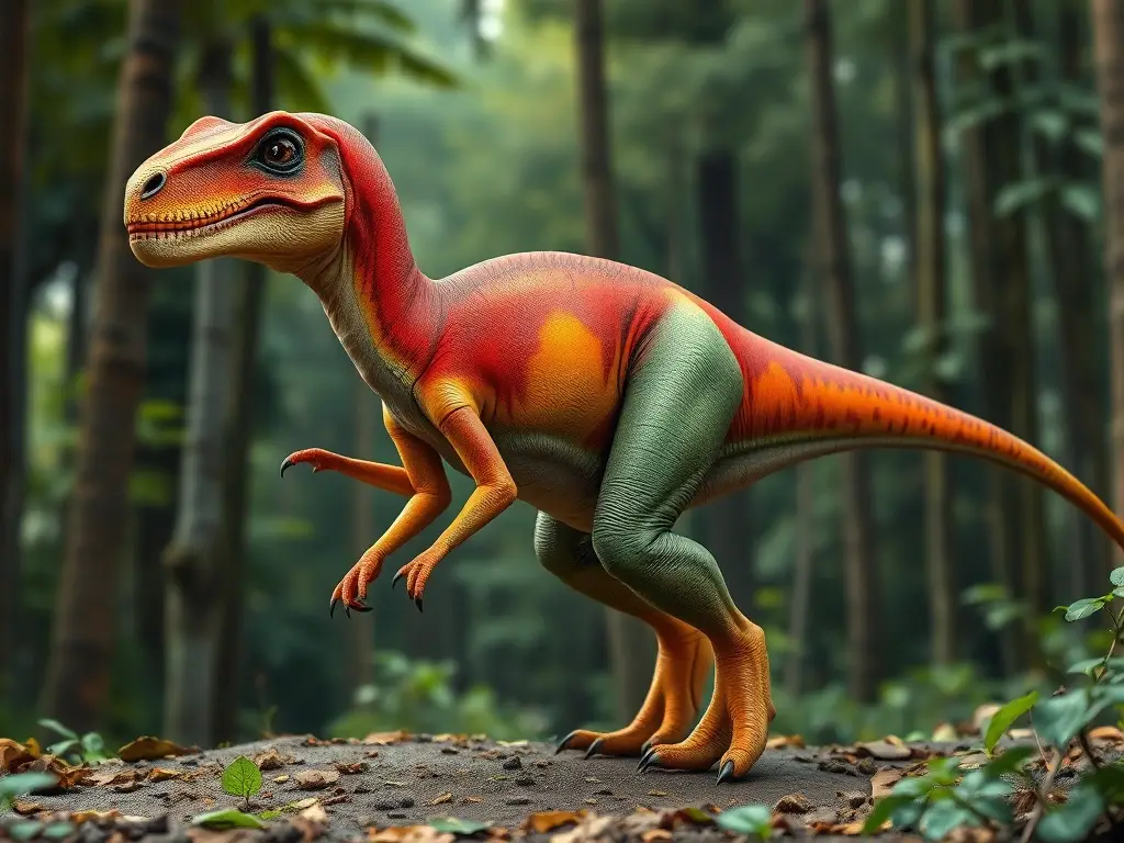 Foto realista de Eoraptor en un bosque, natural y sin distorsiones