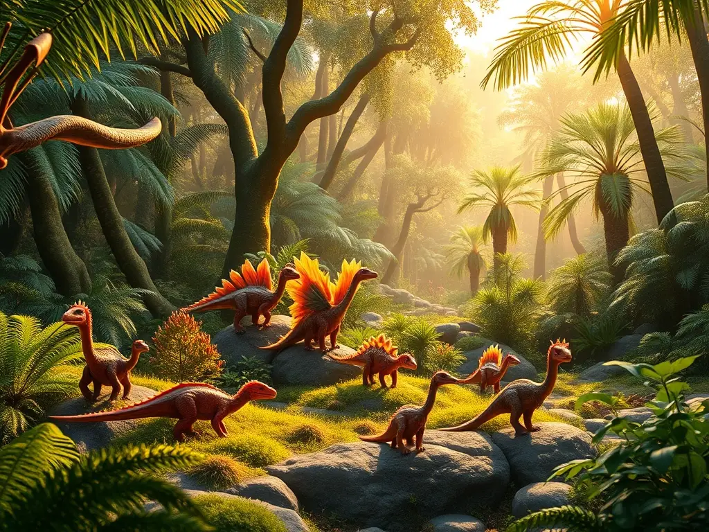 Dinosaurios miniatura en bosque jurásico iluminado
