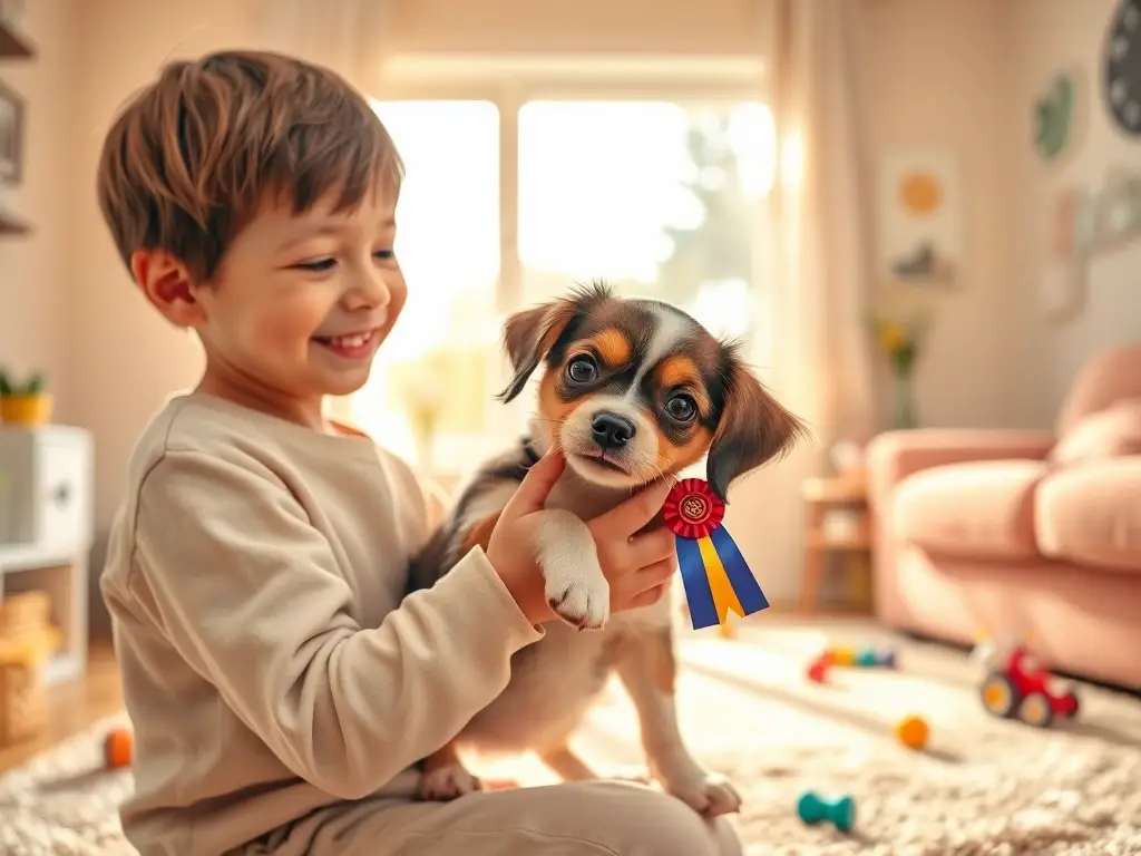 Niño abraza feliz a cachorro bajo luz