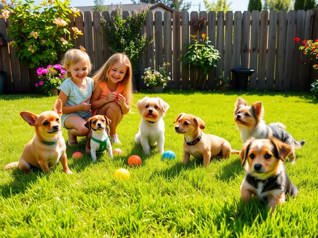 Niños entrenan cachorros en jardín soleado