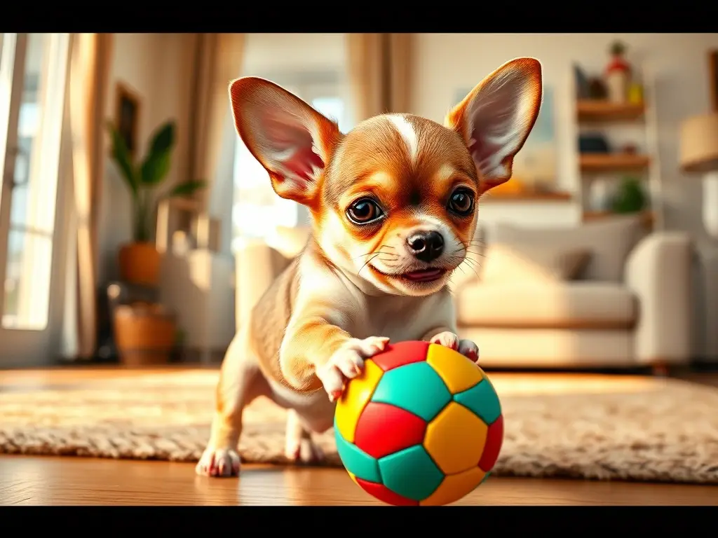 Imagen realista de un chihuahuas feliz jugando con una pelota