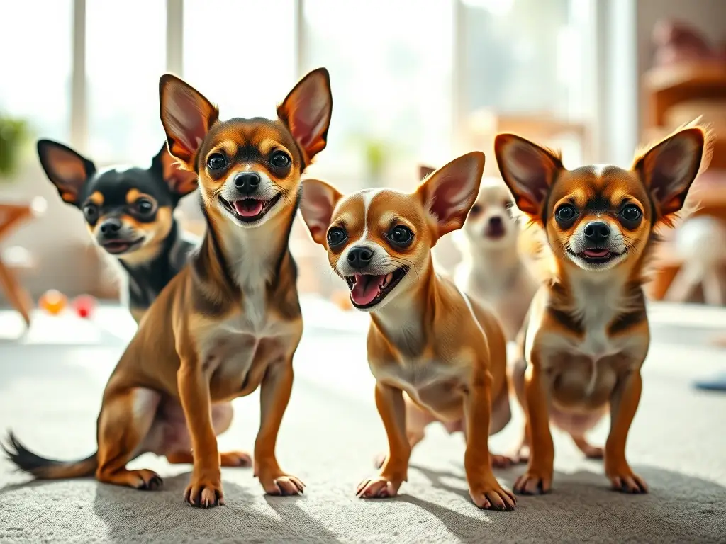 Fotografía realista de Chihuahuas felices jugando, con luz natural