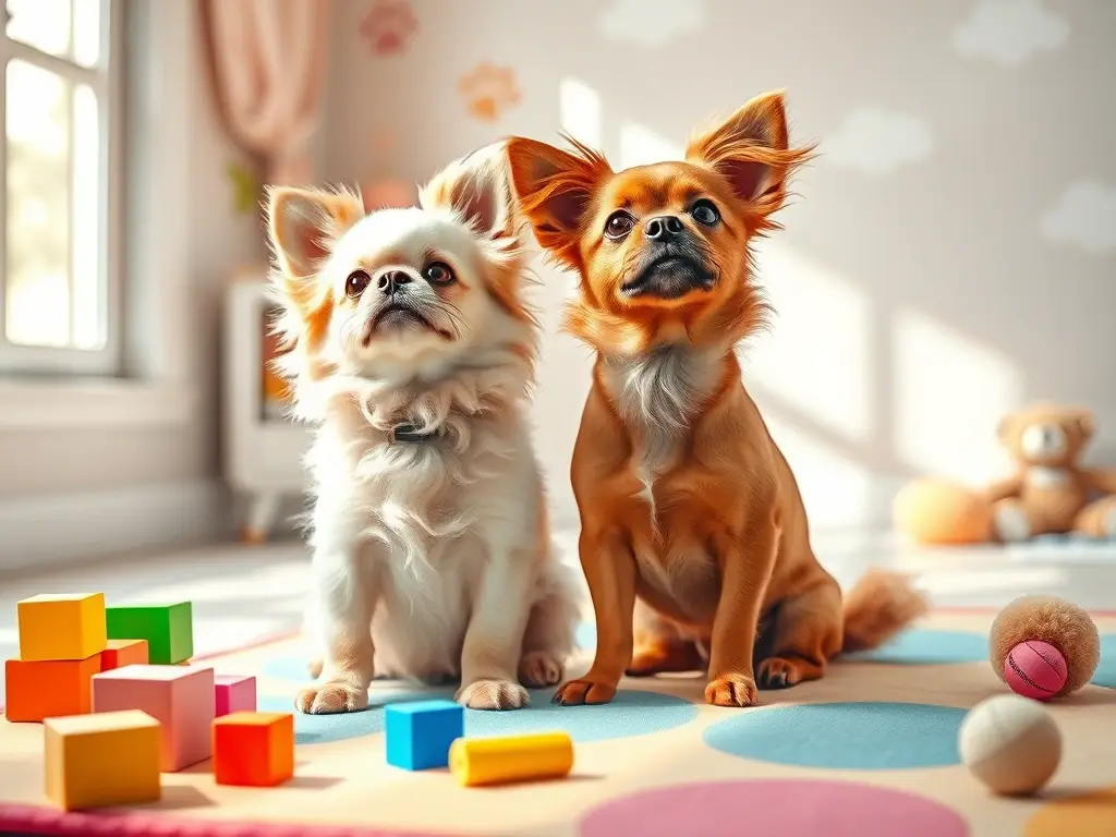Dos cachorros adorables juegan en alfombra pastel
