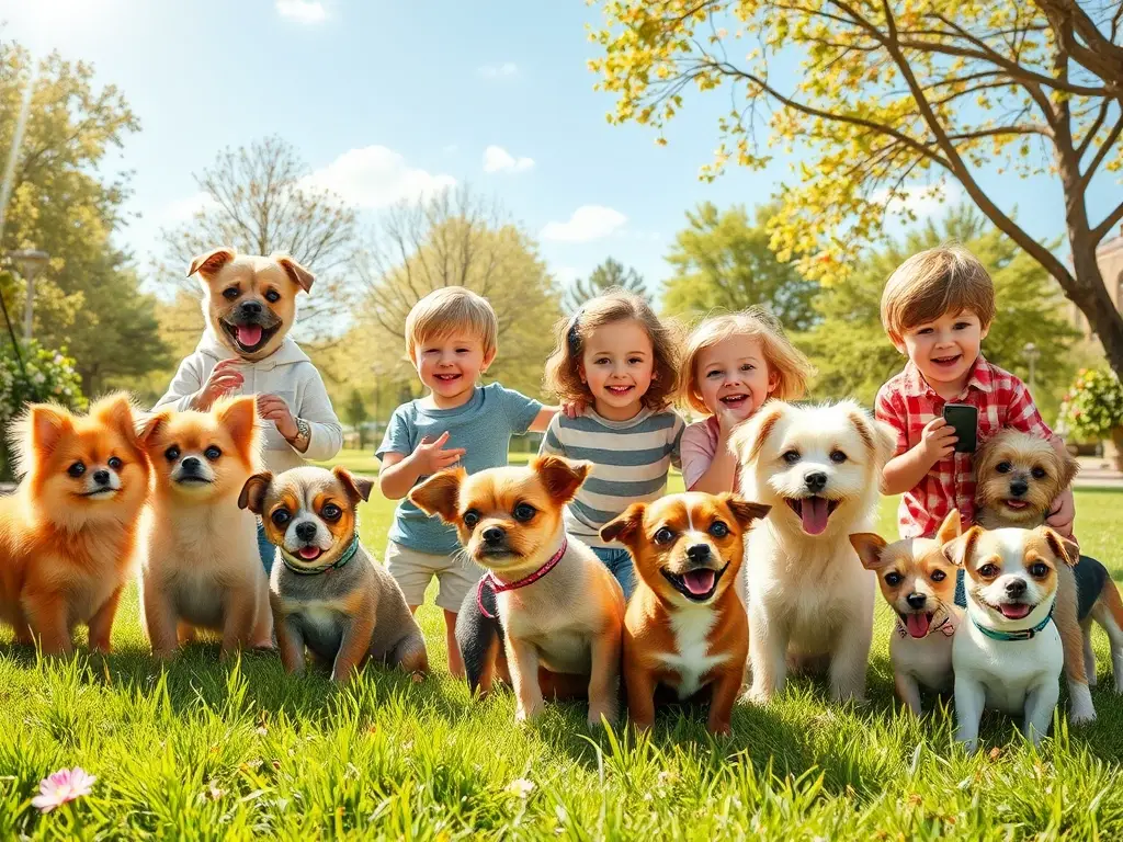 Niños y perritos adorables en parque radiante