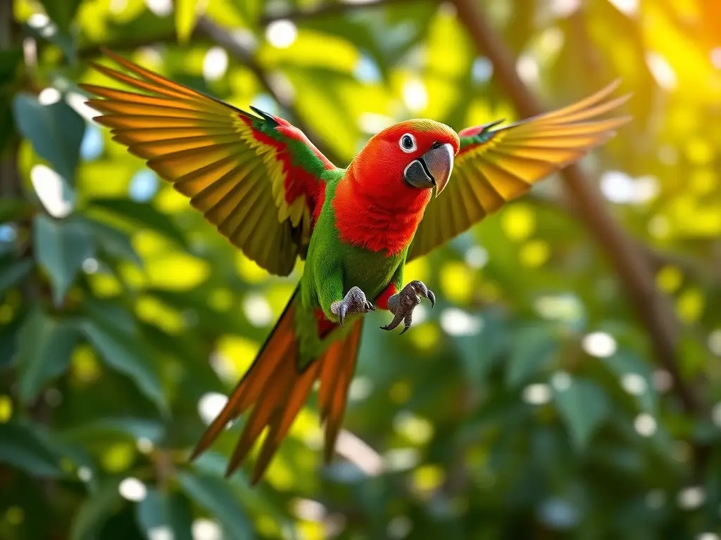 Imagen realista de un colibrí eclectus en vuelo