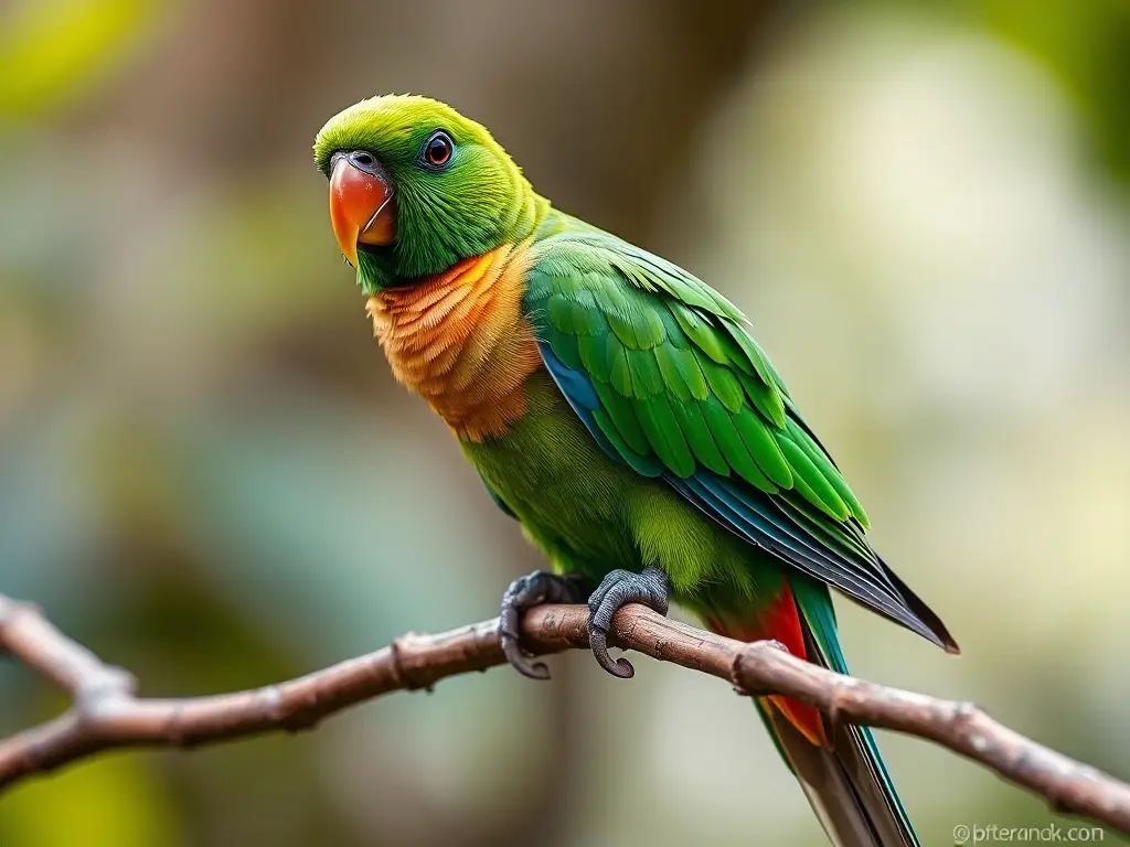 Imagen realista, de un lory verde en un árbol, sin elementos no relacionados