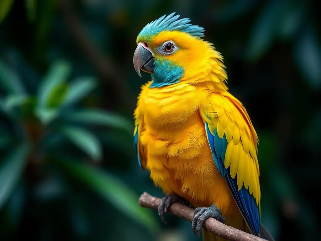 Fotorealista, 8k de un loro amarillo majestuoso en una rama, con plumaje vibrantes