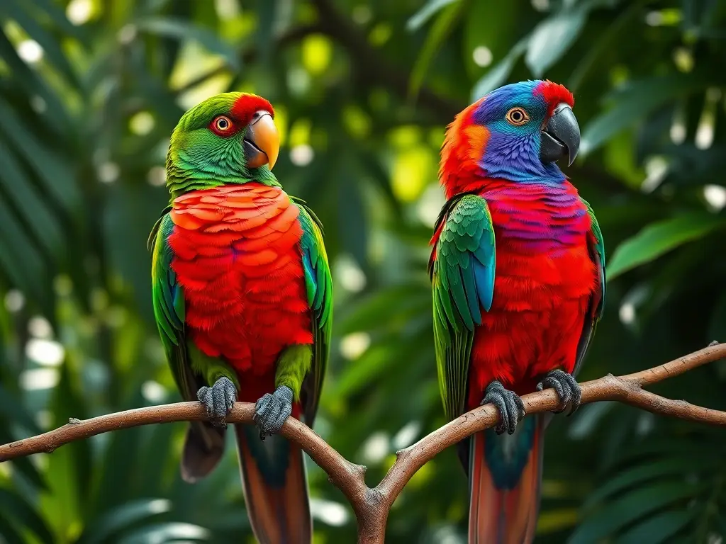 Dos guacamayos eclectus fotorealistas en alta definición